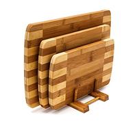 Relaxdays Set de tablas de cortar de bambú 3 tablas con soporte rayas marrón claro