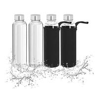 Relaxdays 4 Botellas Agua Reutilizables 500ml, con Funda, Tapa Hermética, Vidrio Borosilicato, Transparente/Negro