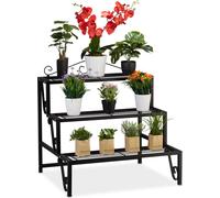 Relaxdays Escalera Plantas de Metal, 3 Pisos, Exterior e Interior, Estantería Flores con Adornos, 69 x 70 x 60 cm, Negro