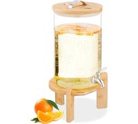 Relaxdays Dispensador Bebidas Frías y Calientes, Grifo, Soporte Bambú, Termómetro, Recipiente Limonada 8 L, Transparente