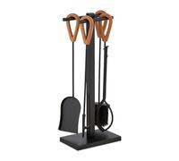 Relaxdays 5 Accesorios Chimenea, Set de Estufa con Pala, Escoba, Atizador, Pinzas y Soporte, Mangos Cuero, Negro/Marrón