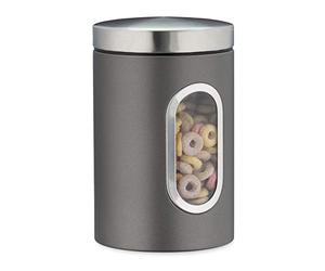 Relaxdays 6 x Recipiente de Almacenamiento, 1,4 L, con Tapa y Ventana, para Café, Harina, Pasta, Bote para Cocina, Metal, Gris