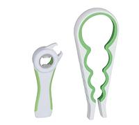 Relaxdays Abrebotellas multiusos, Abridor multifunción, Abrelatas, Universal, 1 Set, Blanco & Verde