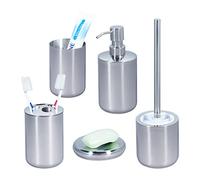 Relaxdays Accesorios Baño Acero INOX. Pulido, 5 Piezas, Utensilios, Juego Completo de Complementos, Modernos, Plateado, Inoxidable, 5-Teilig