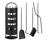Relaxdays Accesorios Chimenea, 5 Piezas, Atizador, Escoba, Pala, Pinzas y Soporte, Set de Hierro Estufa, Negro/Plateado