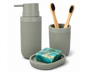 Relaxdays Accesorios de baño, 3 Piezas, jabonera, dispensador, Vaso cepillos, poliresina, Set baño, Gris Claro