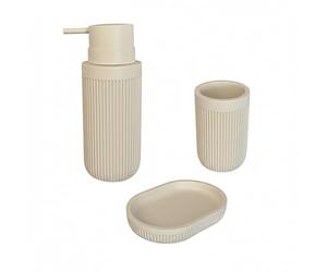 Relaxdays Accesorios de baño, 3 Piezas, jabonera, dispensador, Vaso para cepillos, polirresina, Set baño, Beige