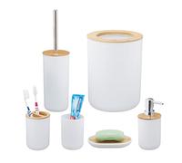 Relaxdays Accesorios de Baño 6 Piezas, Dispensador Jabón, Vaso, Portaescobillas, Bambú, Plástico, Blanco