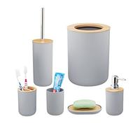 Relaxdays Accesorios de Baño 6 Piezas, Dispensador Jabón, Vaso, Portaescobillas, Bambú, Plástico, Gris