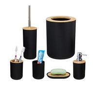 Relaxdays Accesorios de Baño 6 Piezas, Dispensador Jabón, Vaso, Portaescobillas, Bambú, Plástico, Negro