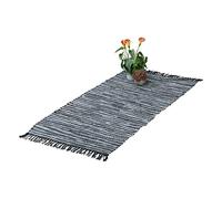 Relaxdays Alfombra de Pasillo con Flecos, 70 x 140 cm, Algodón y Cuero, Antideslizante, Retazos, Gris