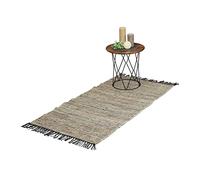 Relaxdays Alfombra de Pasillo de Algodón y Cuero, 70 x 140 cm, con Flecos, Antideslizante, Retazos, Gris