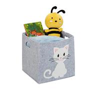 Relaxdays Almacenamiento Cesta Almacenaje Infantil, Caja Bebé, Fieltro, Plegable, 33 x 34 x 32 cm, Diseño Gato, Gris