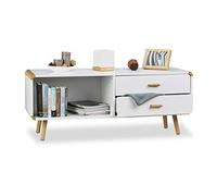 Relaxdays Aparador Salón Nórdico con 2 Cajones, Mesa Auxiliar Baja, Mueble TV, DM-Bambú, 48 x 120 x 40 cm, Blanco