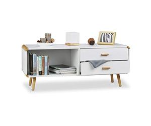Relaxdays Aparador Salón Nórdico con 2 Cajones, Mesa Auxiliar Baja, Mueble TV, DM-Bambú, 48 x 120 x 40 cm, Blanco