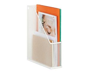 Relaxdays Archivador de Metal, DIN A4, 31,5x7x25 cm, Organizador de Pie Resistente, Diseño Malla, para Oficina, Blanco
