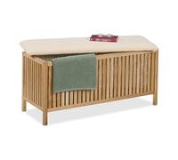 Relaxdays Arcón para Ropa Sucia con Asiento, Baúl para Colada, 100 L, 50 x 100 x 38 cm, Madera y Tela, Natural y Blanco