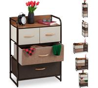 Relaxdays, armario con cajones, 4 compartimentos de tela, estante, mesita de noche para el dormitorio, cómoda pequeña, dimensiones (alto x ancho x profundidad): 79 x 58 x 31,5 cm, color marrón