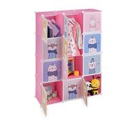 Relaxdays Armario Modular Infantil, 2 Rieles para Ropa, Puertas con Animales, 145x110x37 cm, DIY, Estantería Cubos, Rosa