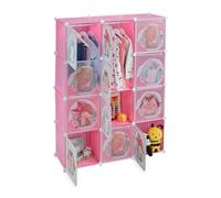 Relaxdays Armario Modular Infantil, 2 Rieles para Ropa, Puertas con Animales, 145x110x37 cm, DIY, Estantería Cubos, Rosa