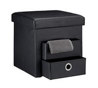 Relaxdays - Asiento Plegable con 2 cajones de Almacenamiento Hecho de Cuero Sintetico con Medidas 38 x 38 x 38 cm Ideal para almacenar revistas Juguetes pequeñas Cosas, Color Negro