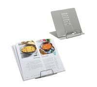 Relaxdays Atril para Libros, Set 2, Soporte Recetas, Ajustable en 6 Niveles, Sujetalibros con Pinza, Cocina, Acero, Gris