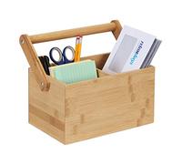 Relaxdays Bambú con Asa, 4 Espacios, 24 x 26 x 15 cm, Organizador de Escritorio y Porta Cubiertos, Natural