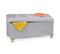 Relaxdays Banco Almacenaje, Acolchado, Terciopelo, Patas Madera, hasta 120 kg, Plegable, 34 x 76 x 38 cm, Gris Claro