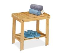 Relaxdays Banco Baño Bambú, Taburete con Balda, Banqueta con Repisa Cocina, Calzador Pasillo, 41,5 x 44 x 28 cm, Natural