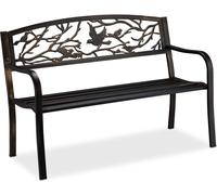 Relaxdays, banco de jardín con estampado de pájaros, para 2 personas, estilo vintage, ideal para jardín y balcón, fabricado en acero, banco para sentarse, dimensiones: 87 x 127 x 57 cm, color: /bronce