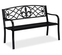 Relaxdays Banco de jardín, Motif Fleur de lis, 2 plazas, Acero, jardín y terraza, HxBxT: 86 x 127 x 60 cm, Negro
