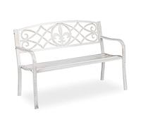 Relaxdays Banco Jardín, Banco Parque Metal, Asiento Respaldo de Hierro Fundido, Exterior, 86x127x57 cm, Blanco y Bronce