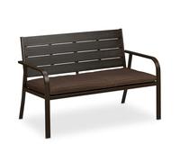 Relaxdays Banco Jardín con Cojín, Efecto Madera, 2 Plazas, Asiento Exterior Resistente, 78 x 118 x 66 cm, Marrón