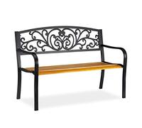 Relaxdays Banco Jardín Retro, Asiento de 2 Plazas, Balcón y Terraza, Madera y Metal, 86,5 x 127 x 59 cm, Marrón y Negro
