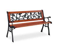 Relaxdays Banco Jardín, Rosas, 2 Plazas, Madera y Hierro Fundido, Balcón, Terraza, 73x125x52,5cm, Marrón Natural y Verde