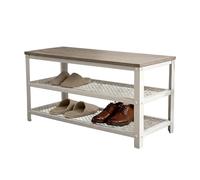 Relaxdays Banco para Zapatos de 6 Pares, 45x73x30 cm, 2 estantes de Rejilla, Asiento Efecto Madera, marrón Claro/Blanco