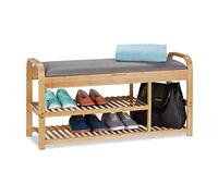 Relaxdays Banco Recibidor, Zapatero Estrecho, Mueble Bambú, Asiento Acolchado, 50 x 100,5 x 33 cm, Gris y Marrón Natural