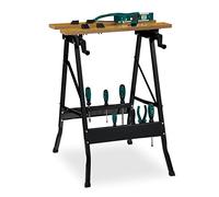 Relaxdays Banco Trabajo Plegable, hasta 100 kg, Mesa Taller Ajustable, 4 Mordazas, 75,5 x 56,5 x 62 cm, Natural y Negro