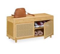 Relaxdays Banco Zapatero, con Almacenamiento, 2 Estantes, Bambú, Diseño de Ratán, 45 x 90 x 37 cm, Natural/Beige