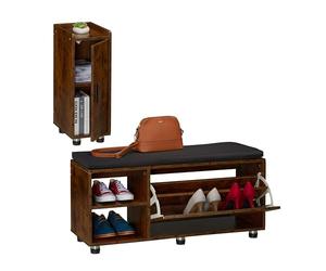 Relaxdays Banco Zapatero con Asiento y Armario, Set de 2, Banqueta para Pasillo, Dormitorio, Espacio Almacenaje, Negro