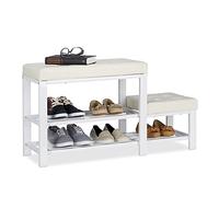 Relaxdays Banco Zapatero con Taburete y 2 Niveles, Piel sintética y Metal, Blanco, 50 x 90 x 30,5 cm