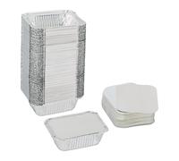 Relaxdays Bandeja Aluminio con Tapa, Set de 100, 260 ml, Envases Barbacoa Cuadrados, Recipientes para Hornear, Plateado
