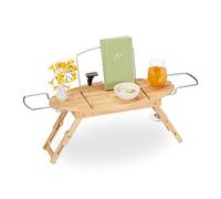 Relaxdays Bandeja Bañera Bambú y Metal, Extensible, 69-90 cm, Soporte Libros y Copa Vino, Tabla Baño con Patas, Natural