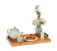 Relaxdays Bandeja de Bambú con Asas Acero, Rectangular, Servir el Desayuno, Cocina, Decorativa, 7 x 50 x 30 cm, Natural