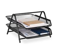 Relaxdays Bandeja Documentos 2 Niveles, Organizador Oficina A4, 20,5 x 30 x 35,5 cm, Malla Metal, Cesto Cartas, Negro