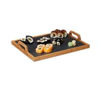 Relaxdays Bandeja Madera Rectangular con Placa de Pizarra y 2 Asas, Bambú, Marrón, 6 x 40,5 x 32 cm
