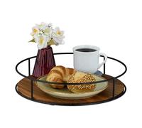 Relaxdays Bandeja para Servir Comida, Redonda, Madera y Hierro, 6 x 31 cm, Asas, Decorativa, Borde Alto, Marrón/Negro