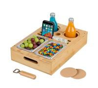 Relaxdays Bandeja para Servir Comida Sofá, Bambú, Cuencos Acero Inoxidable Aperitivos y Bebidas, Posavasos, Natural, Corcho, 8 x 40 x 26 cm
