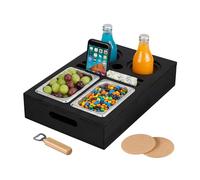 Relaxdays Bandeja para Servir Comida Sofá, Bambú, Cuencos Acero Inoxidable Aperitivos y Bebidas, Posavasos, Negro, Corcho, 8 x 40 x 26 cm