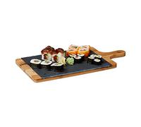 Relaxdays Bandeja Rectangular y Tabla de Cortar 2 en 1 con Placa de Pizarra y Mango, Bambú, Gris, 1,8 x 45 x 22,5 cm